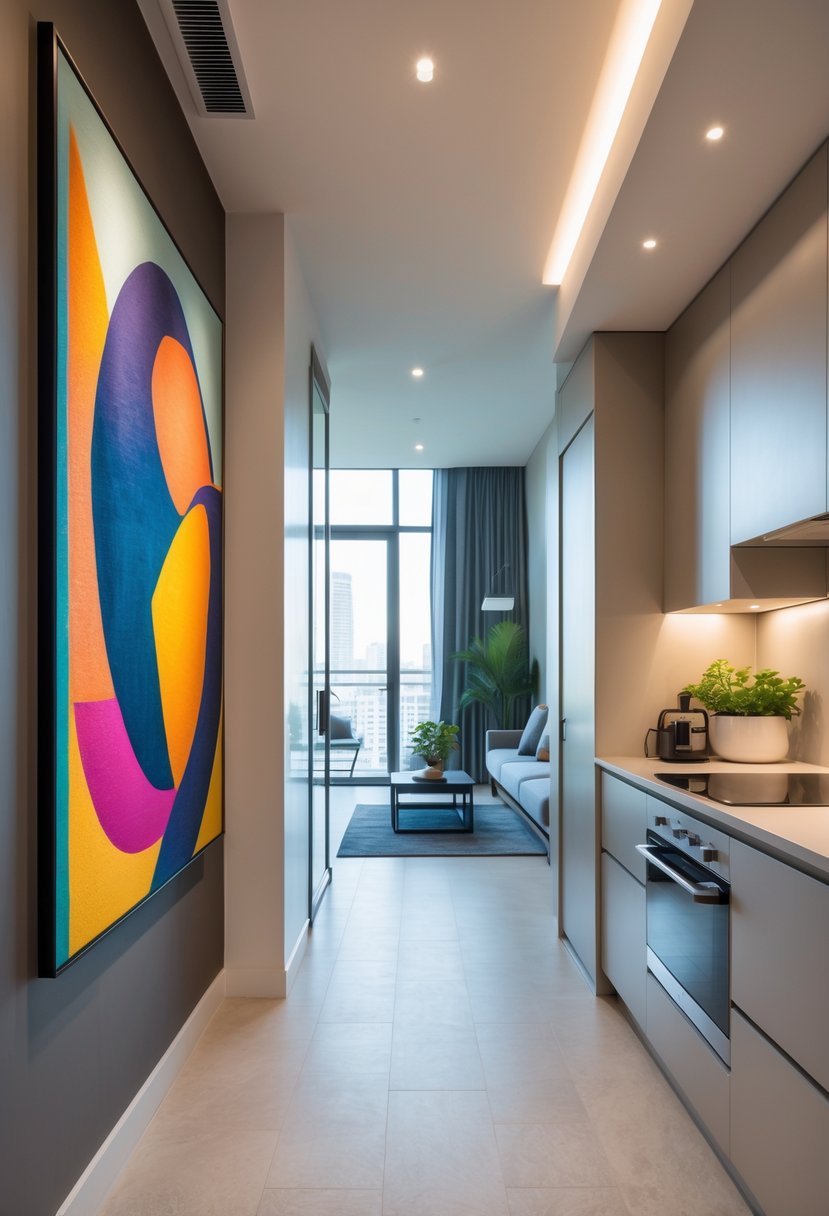 Apartment entrance with a kitchen visible and a large piece of art on the entry wall.