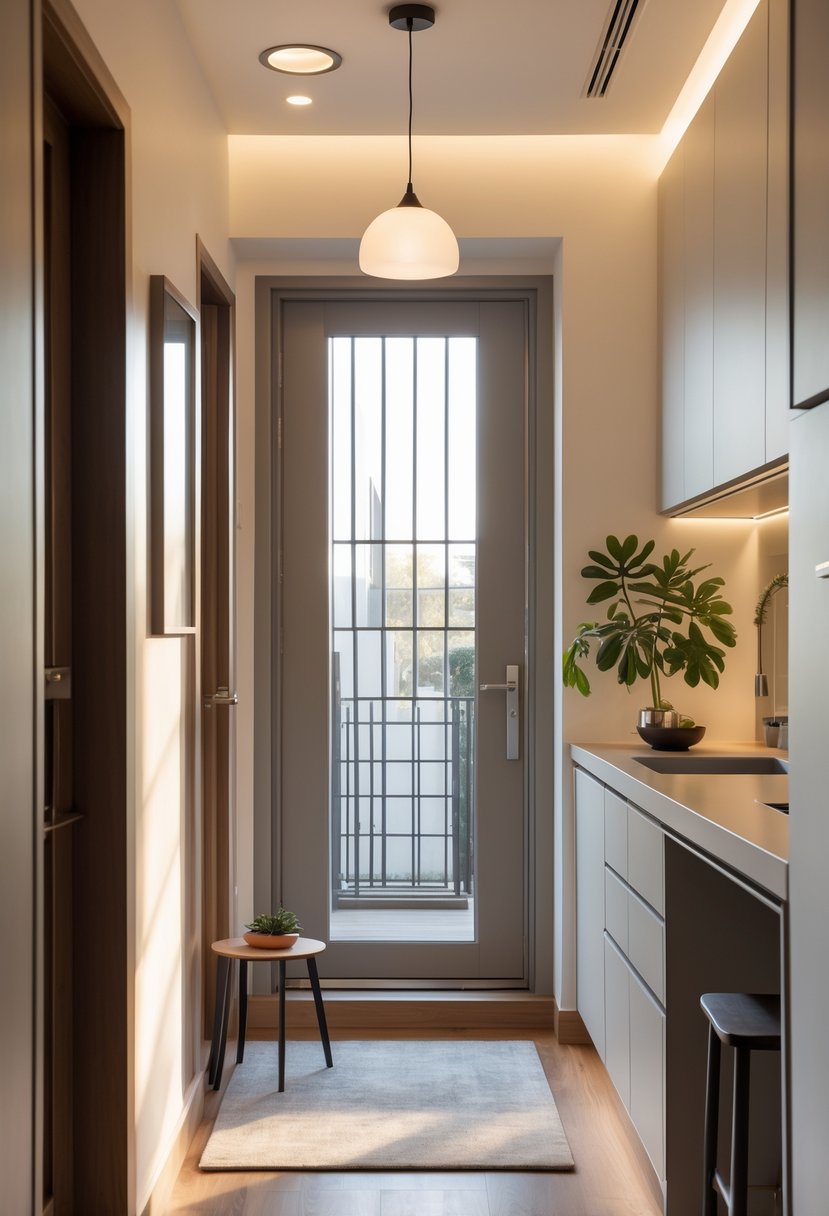 Apartment entrance with a narrow kitchen island used as both an entry table and workspace, featuring a laptop, plant, and bowl on the countertop.
