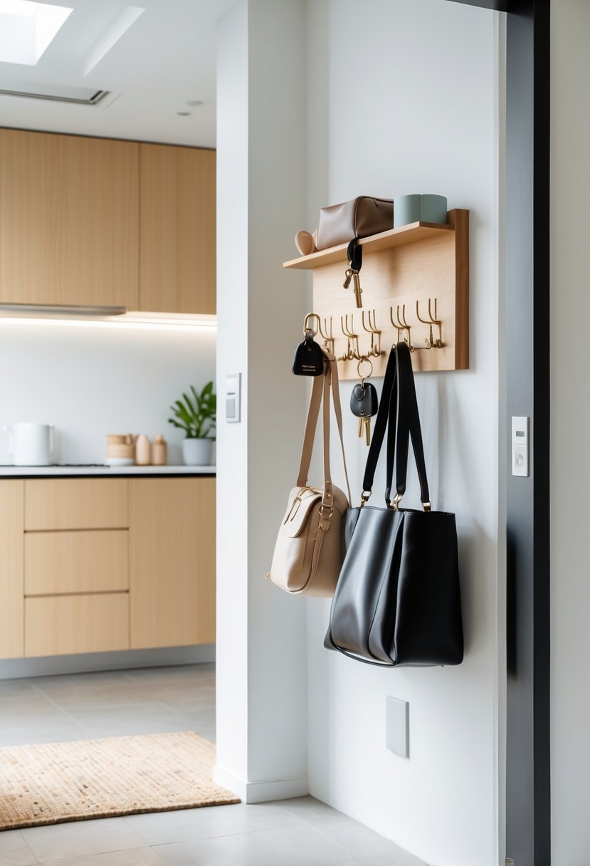 Apartment entrance with a wall-mounted rack holding keys and bags next to a small modern kitchen.