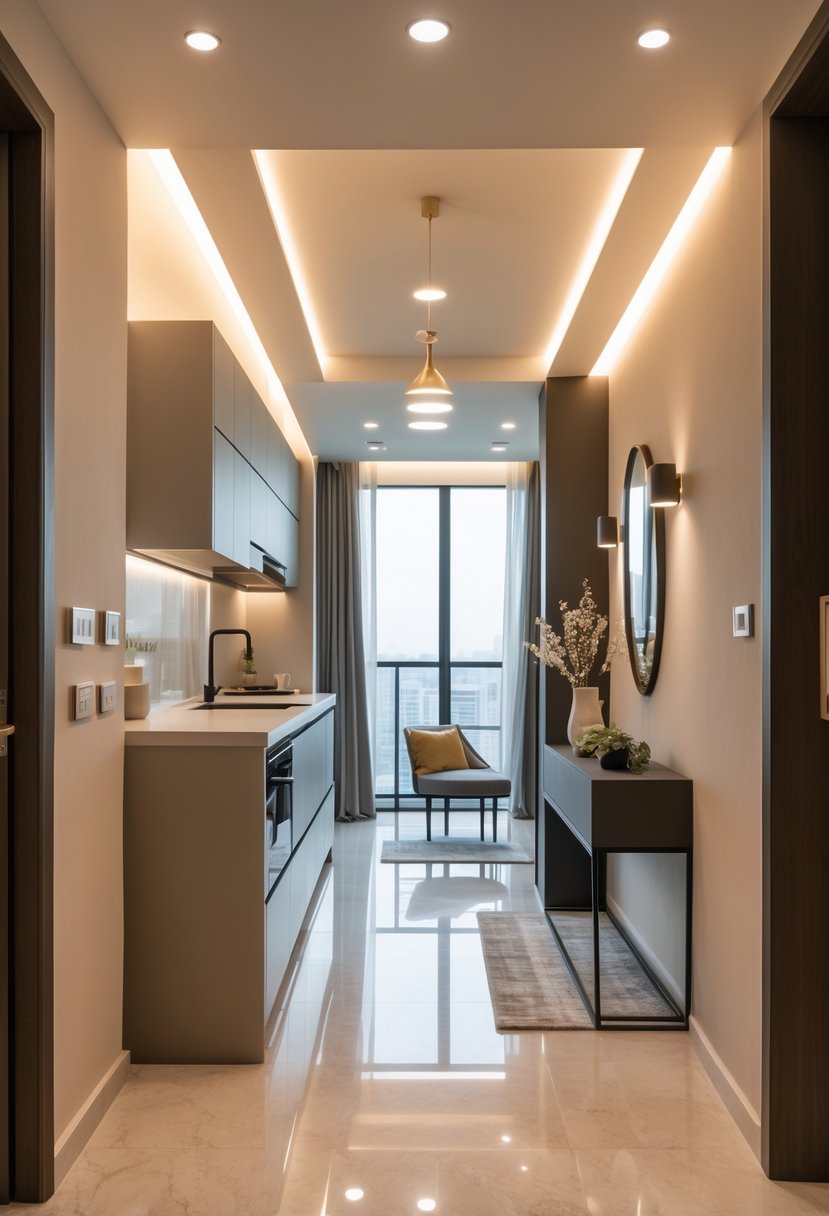 An apartment interior showing a kitchen combined with the entrance area, illuminated by multiple layered light fixtures.