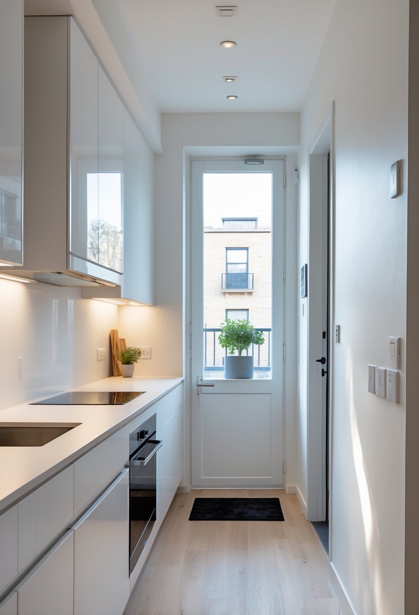 A galley kitchen in an apartment entrance area with white cabinets, countertops on both sides, and a door at one end.