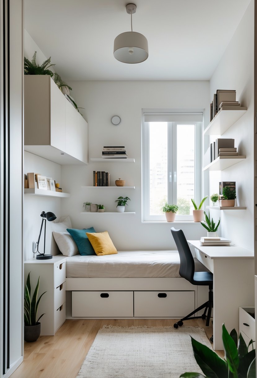 A small bedroom with a single bed, desk, shelves, wardrobe, and plants arranged to maximize space and comfort.