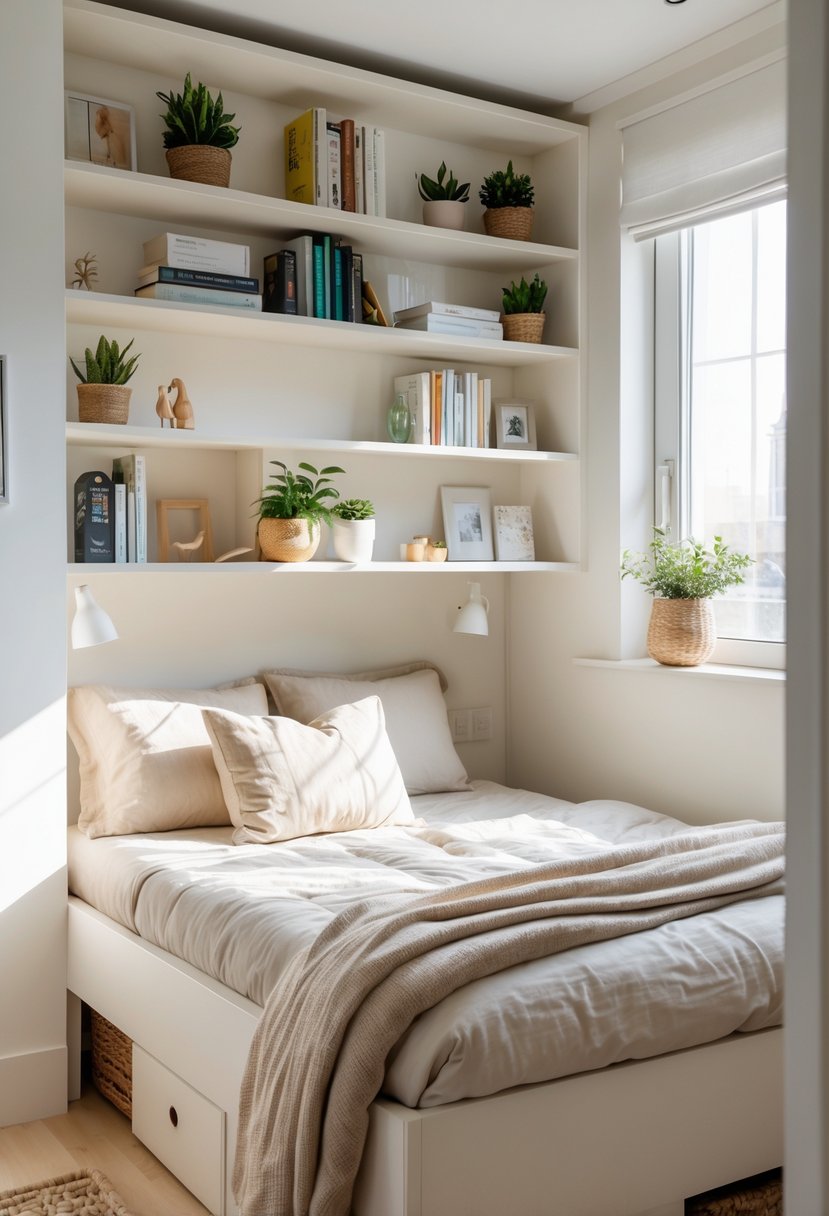A small bedroom with built-in wall shelves above the bed holding books and plants, showing an organized and space-saving layout.