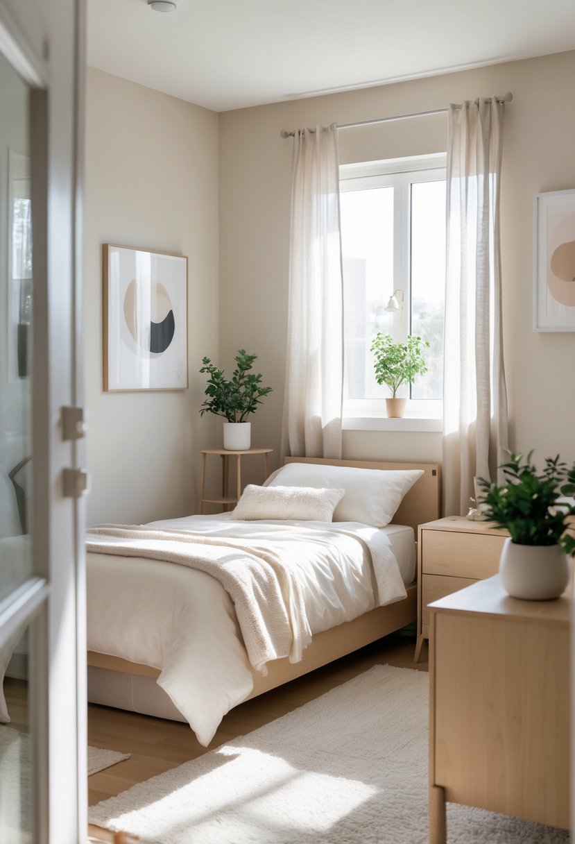 Small bedroom with light neutral walls, a neatly made bed, wooden furniture, natural light from a window, and simple decor.