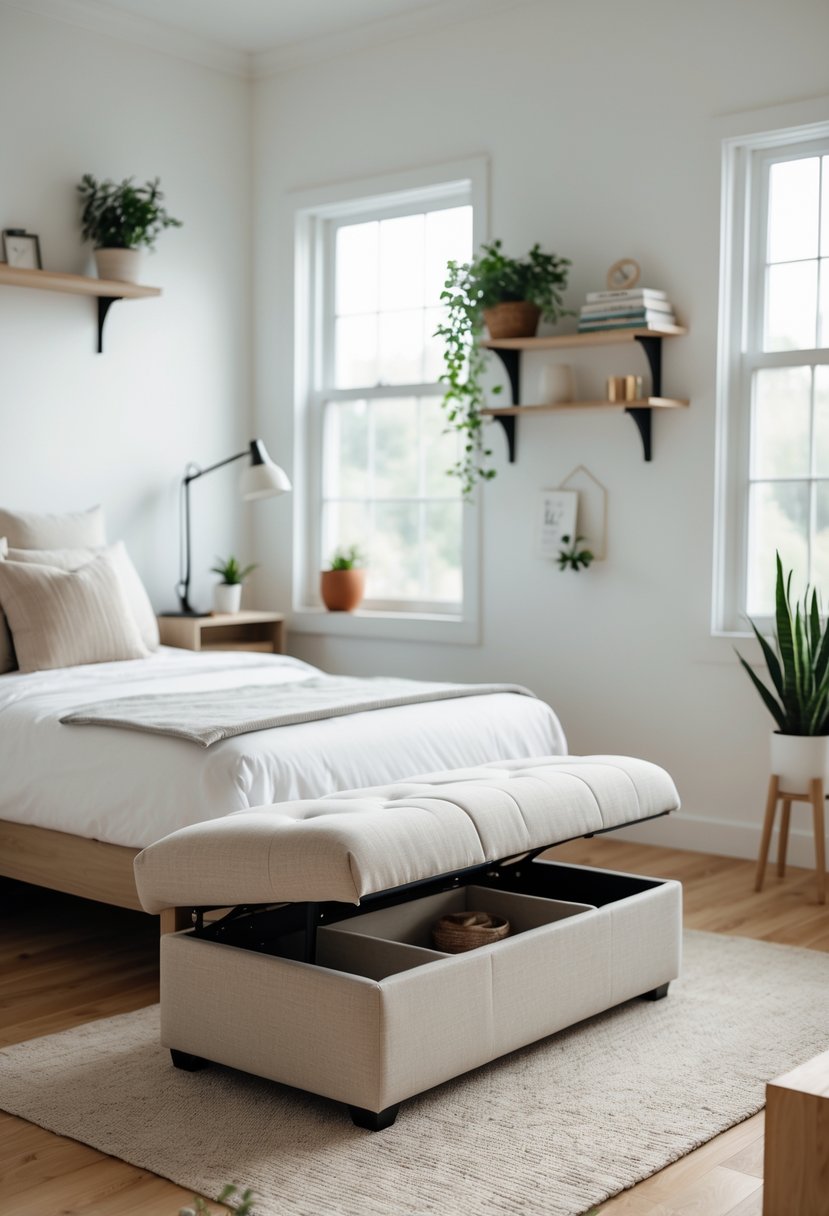 A small bedroom featuring a bed and a storage ottoman at the foot of the bed, with natural light coming through a window.