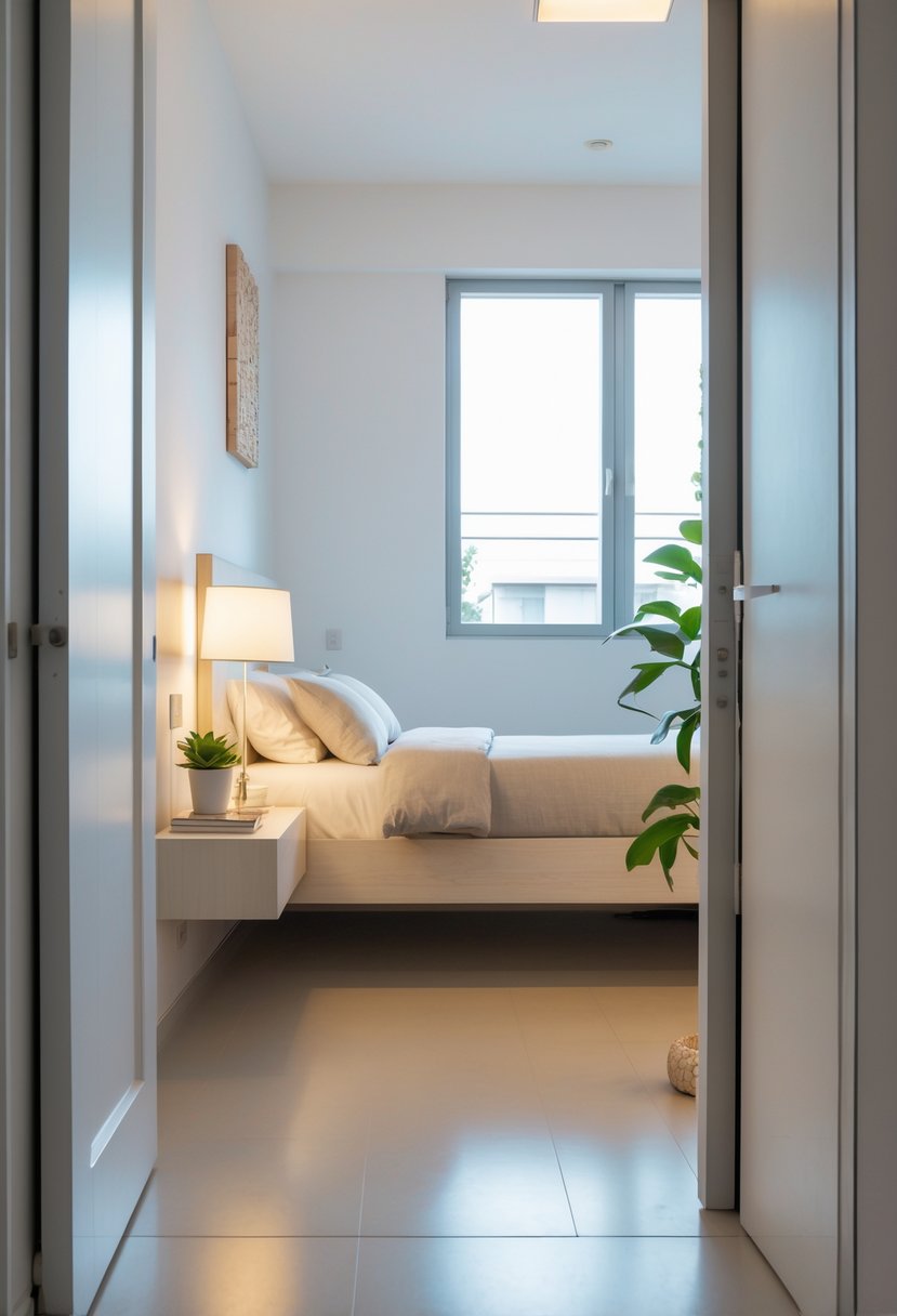 Small bedroom with a bed and floating nightstands mounted on the wall, showing open floor space underneath.