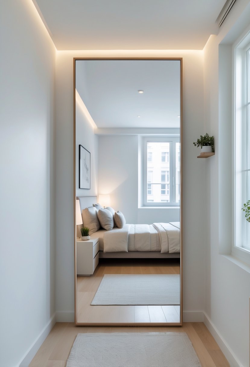 A small bedroom with a full-length mirror reflecting the room to create an illusion of space, featuring a bed, nightstand, and natural light.