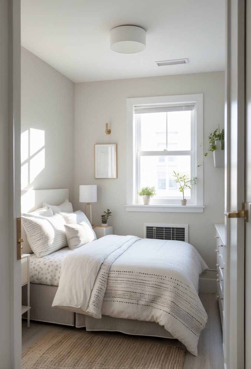 A small bedroom with a neatly made bed featuring plain bedding, a bedside table with a lamp, and natural light coming through a window.