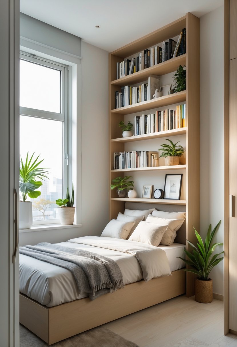 A small bedroom with a tall vertical bookshelf filled with books and decorations next to a compact bed.