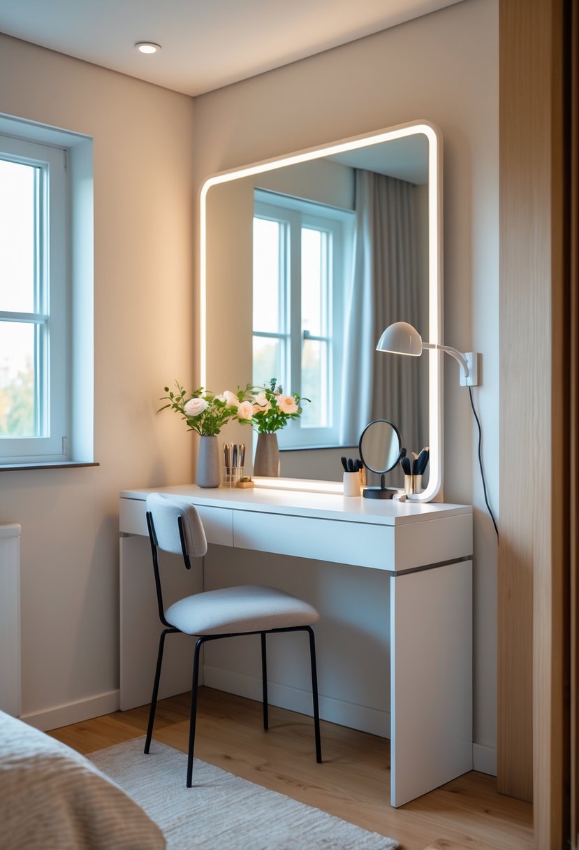 A small bedroom with a slim desk used as a vanity, featuring a mirror, chair, and decorative items on the desk.