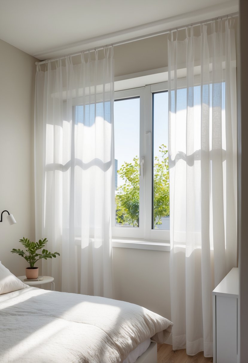 A small bedroom with sheer white curtains letting in natural sunlight through a window, a neatly made bed, and a bedside table with a plant.