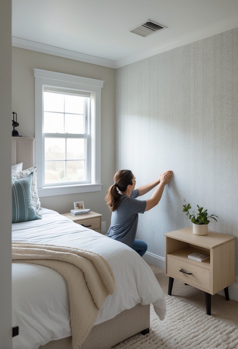 Person applying peel-and-stick wallpaper on an accent wall in a small bedroom with a bed and natural light.