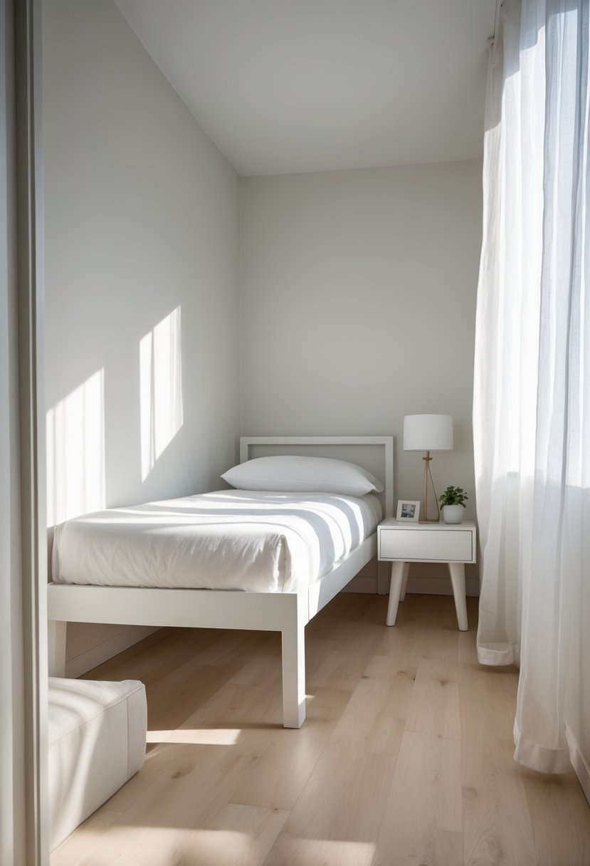 A small bedroom with a bed and nightstand featuring exposed legs, illuminated by natural light from a window.