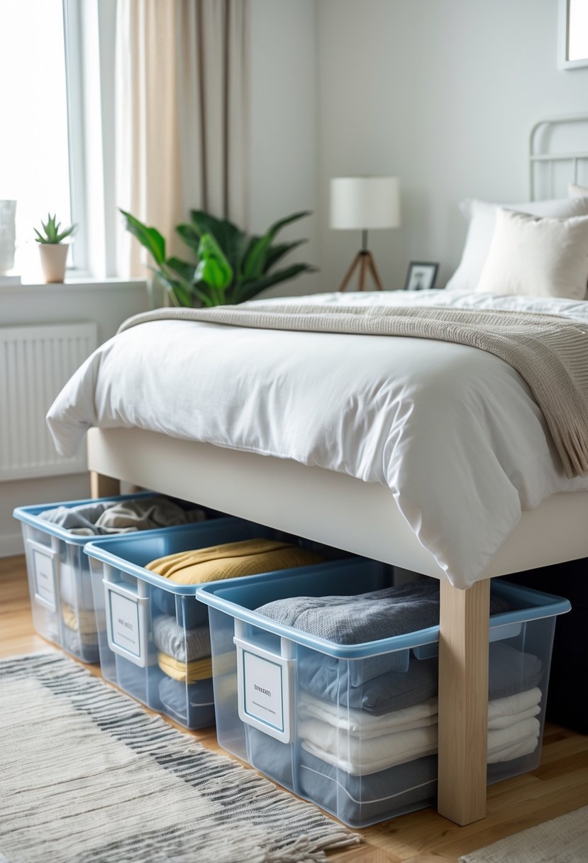 A small bedroom with a bed elevated to show clear storage bins neatly placed underneath, with a bedside table and natural light coming through a window.