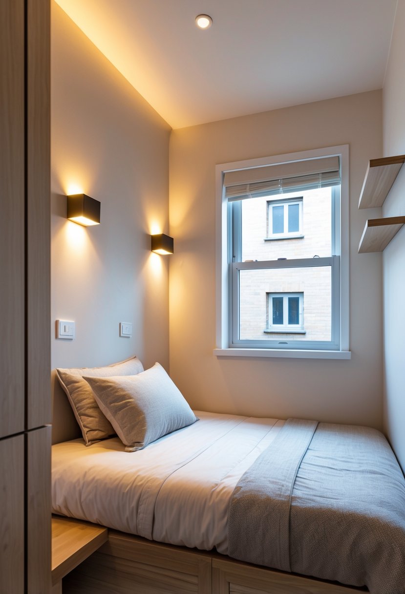 Small bedroom with a bed and wall-mounted lights above it, showing a tidy and space-saving arrangement.