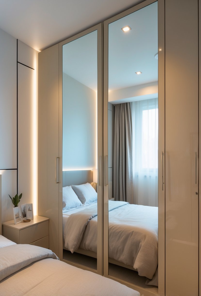 A small bedroom with a narrow wardrobe that has mirrored doors, a bed, and simple furniture.