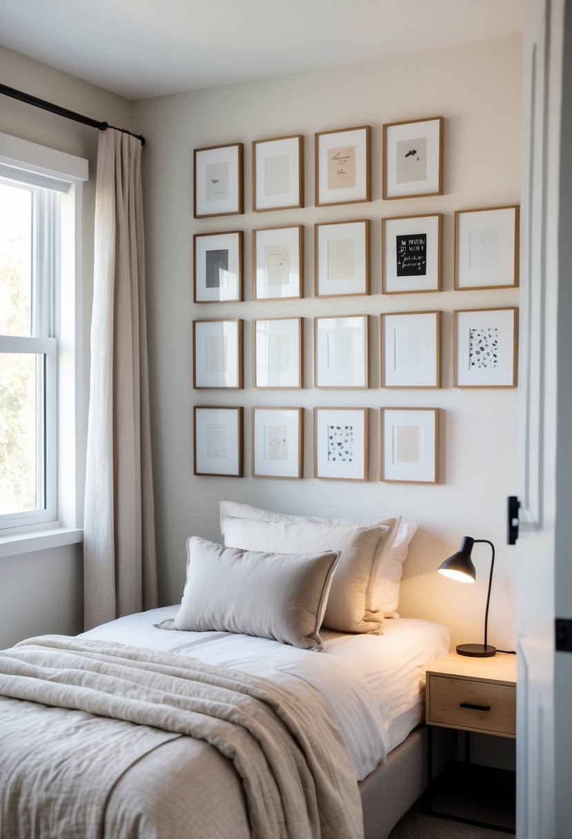 A small bedroom with a bed and a gallery wall of small picture frames arranged above it.