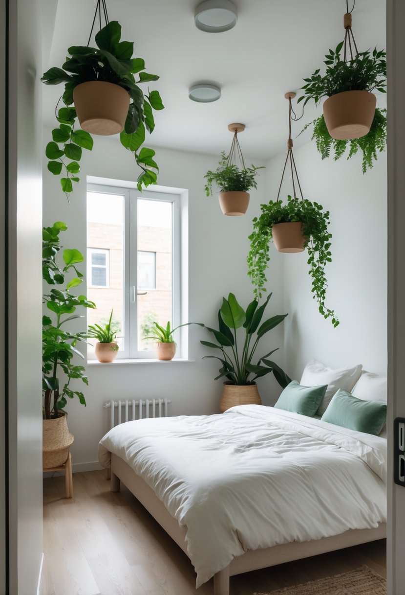 Small bedroom with hanging plants in pots suspended from the ceiling, a bed, and minimal furniture.