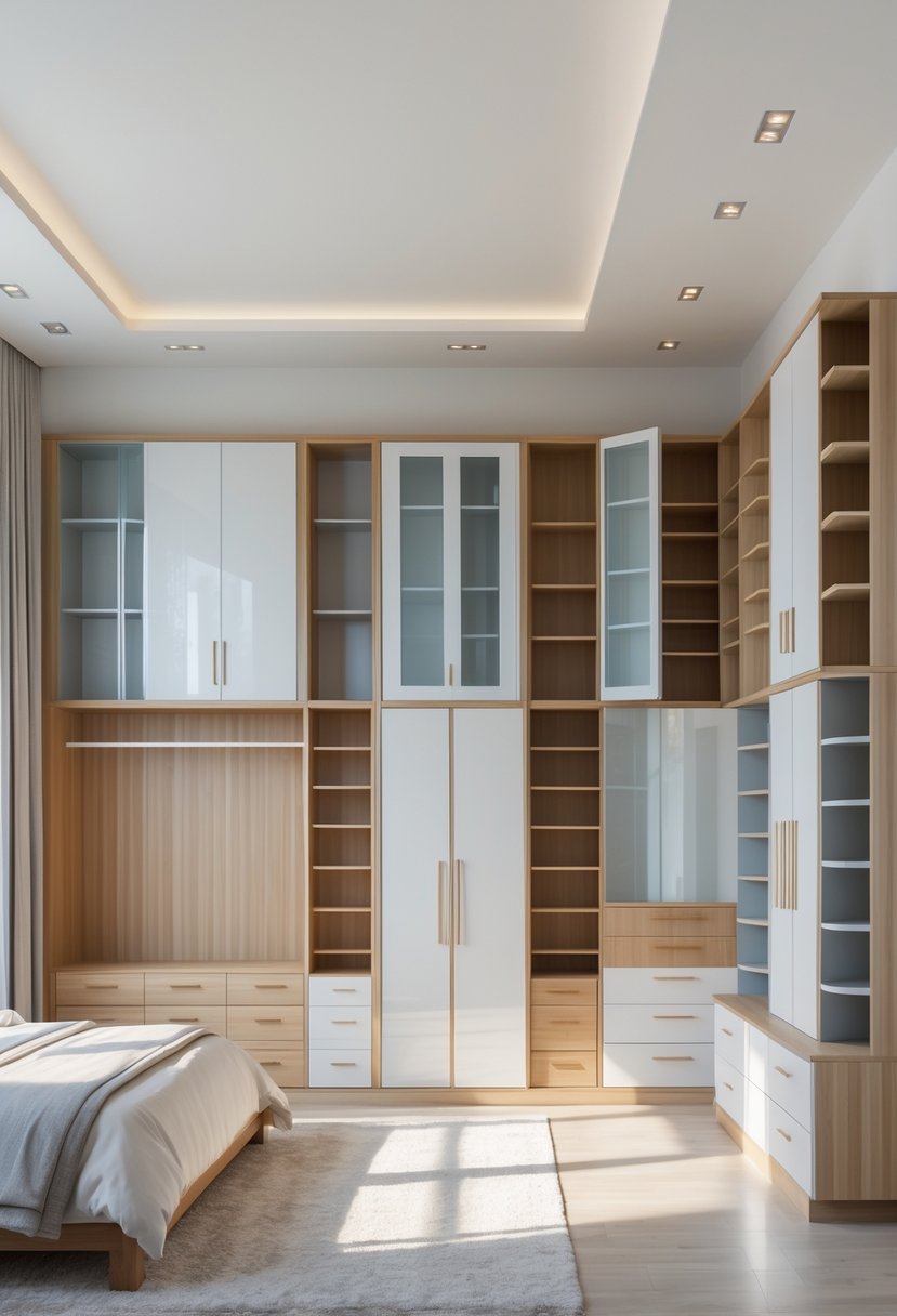 A bedroom with twenty different cupboard designs arranged around the room, featuring various styles, colors, and materials.