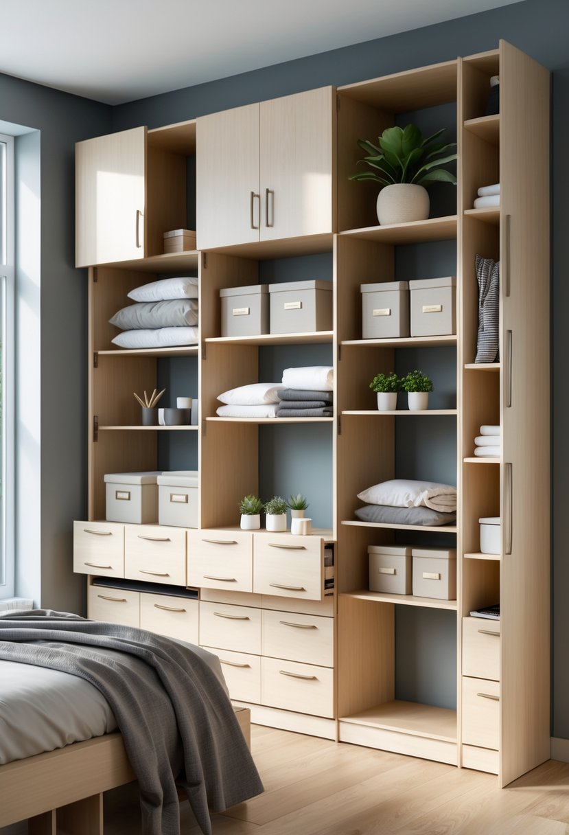 A bedroom with modular cupboards featuring adjustable shelves filled with clothes and decorative items.