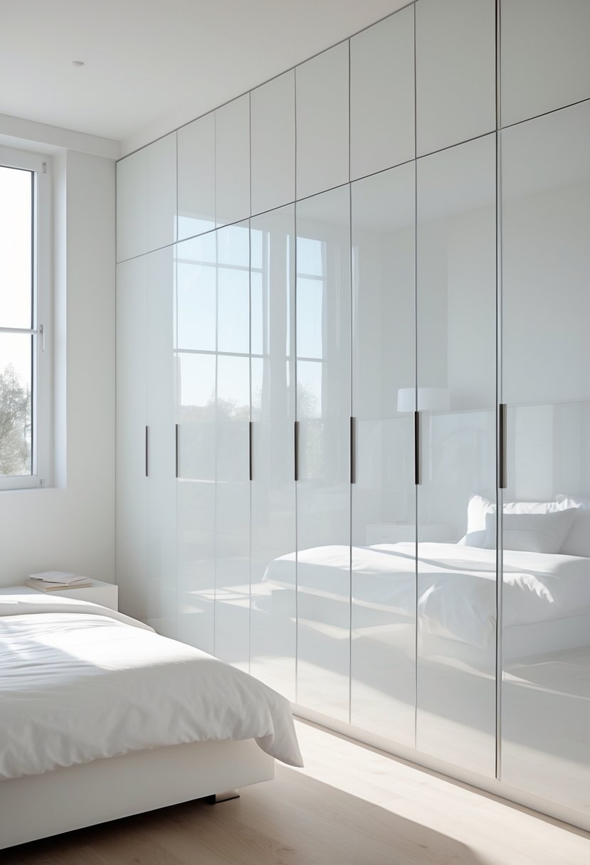 A bright bedroom with white cupboards that have hidden handles covering one wall, a bed with white bedding, and a light wooden floor.
