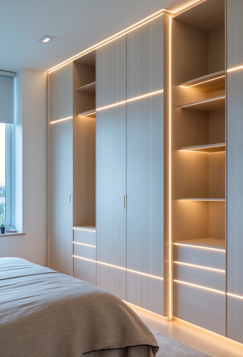 A bedroom with light wood wardrobes featuring built-in LED lighting, a bed, and a bedside table.