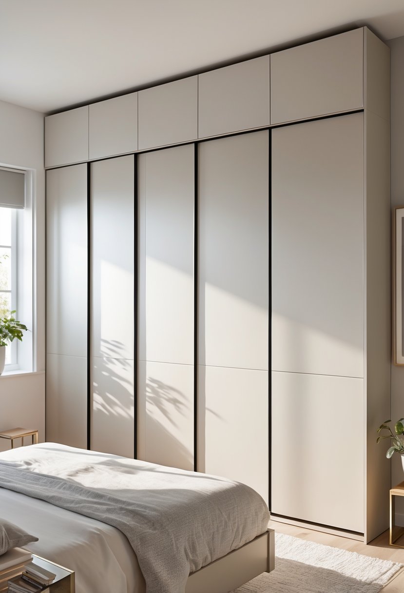 A bedroom with floor-to-ceiling sliding door cupboards covering one wall, a bed, and a bedside table with a lamp.