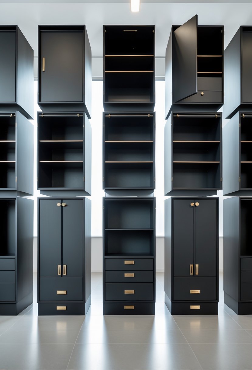 A showroom displaying multiple bedroom cupboards with dark finishes and metallic handles arranged in a clean, bright space.