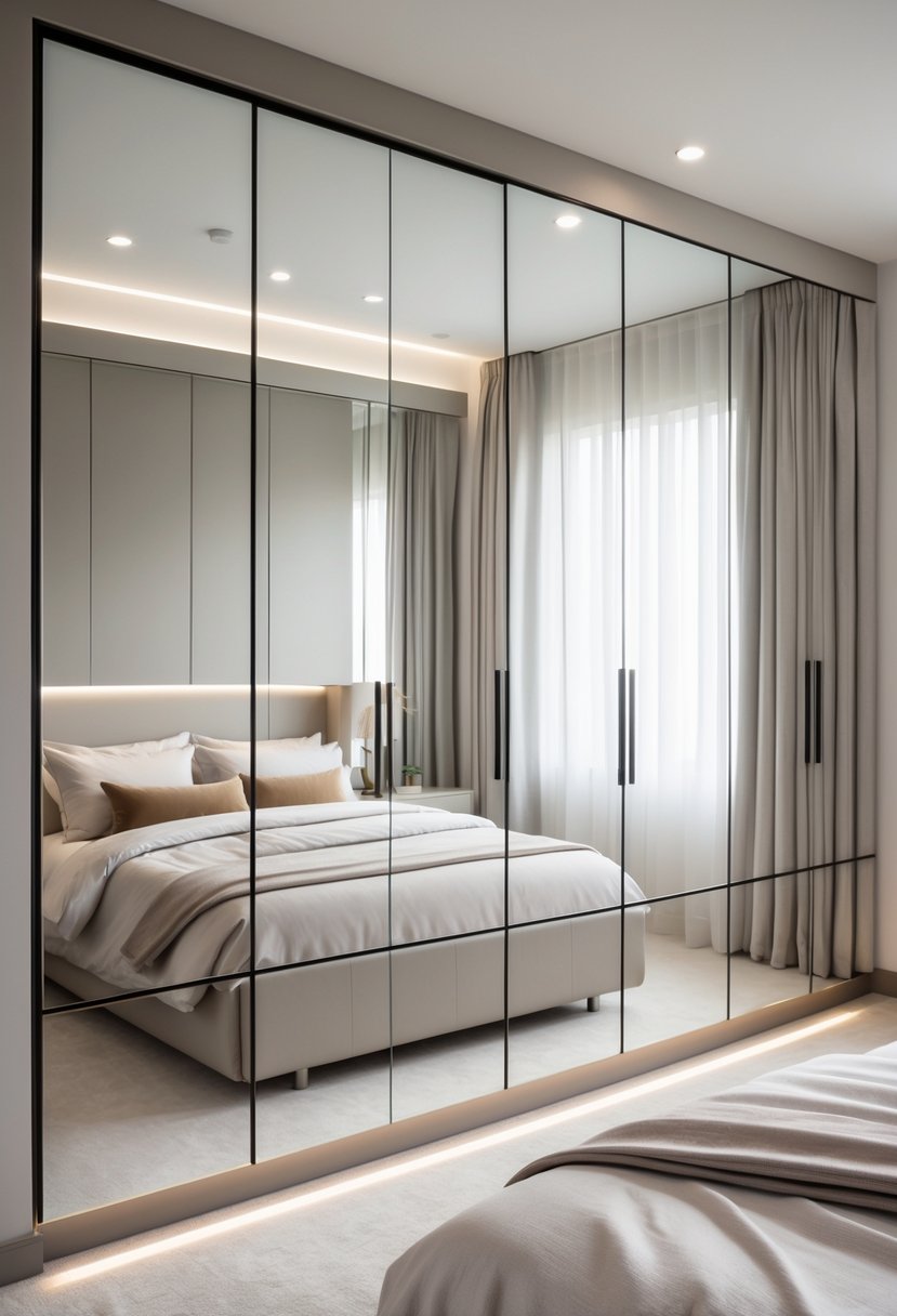 A bedroom with built-in wardrobes featuring large mirrored panels reflecting the room.