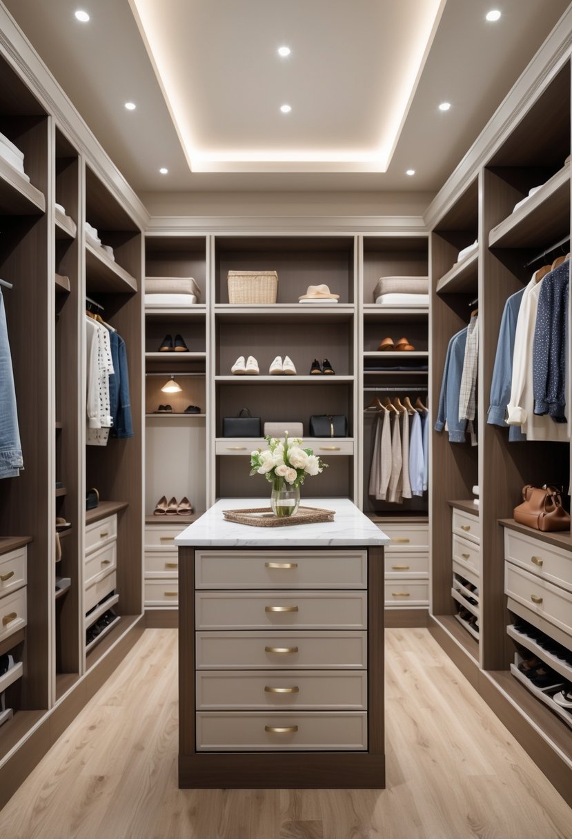 A spacious walk-in closet with cupboards and an island with drawers filled with clothes and accessories.