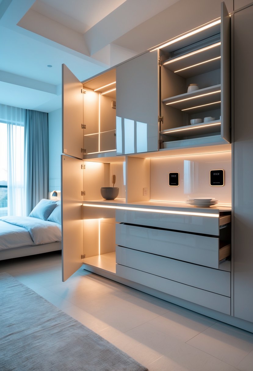 A modern bedroom with smart cupboards featuring automated lighting and sensors, showing various cupboard designs with illuminated interiors.