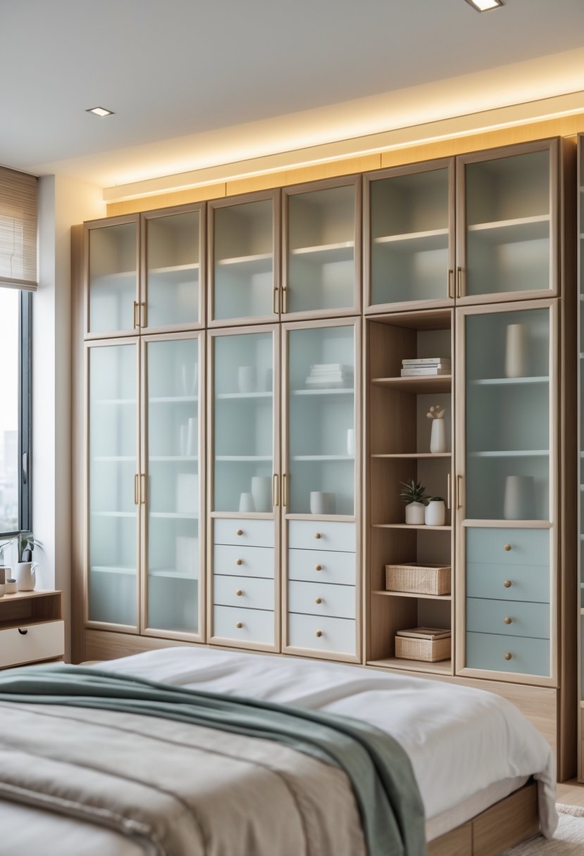 A bedroom interior with multiple cupboards featuring frosted glass doors arranged along the walls.