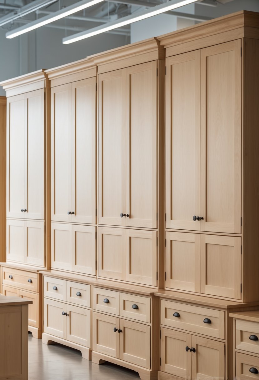A bright showroom displaying multiple bedroom cupboards arranged neatly, showcasing different sizes and designs.