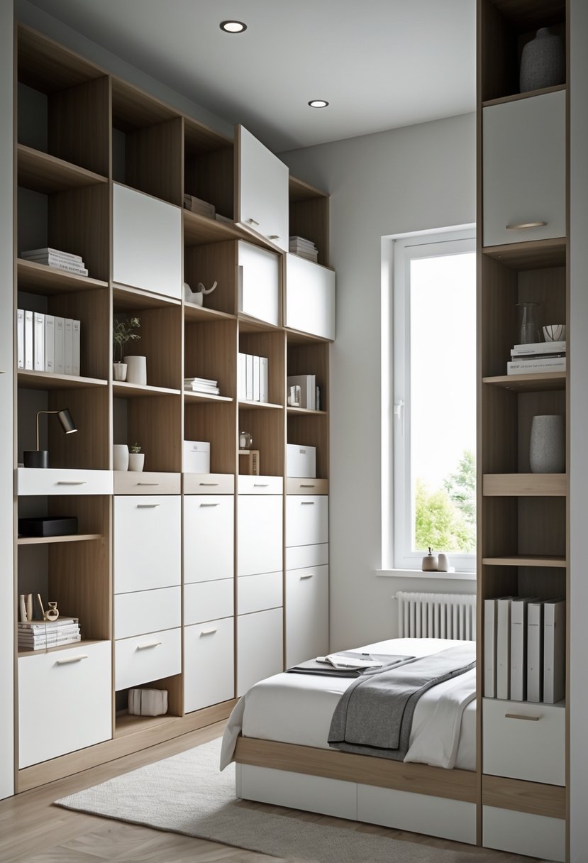 A bedroom with multiple cupboards featuring open shelves and closed storage areas, neatly arranged along the walls.