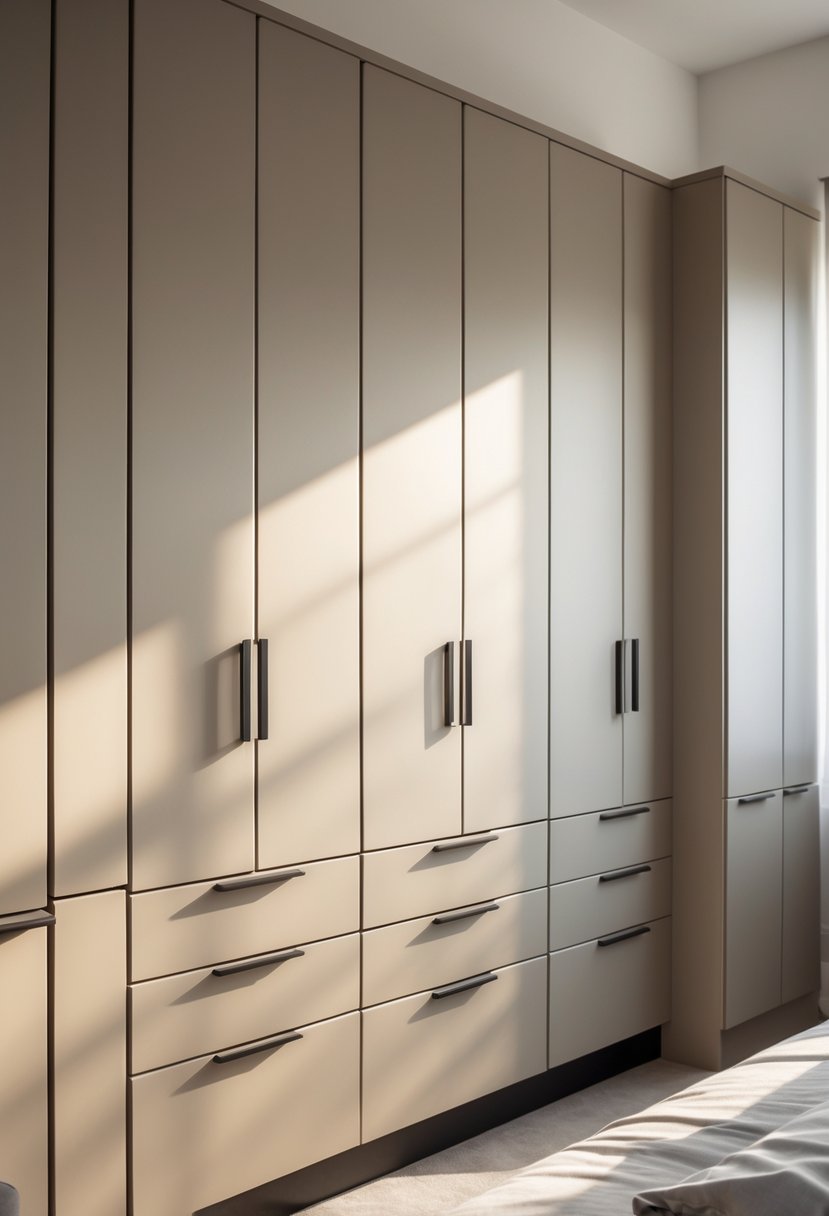 A row of bedroom cupboards with neutral-colored doors and simple hardware in a well-lit room.