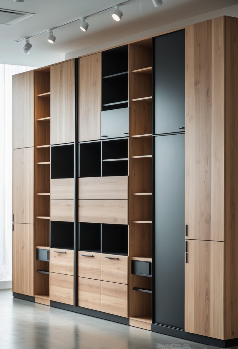 A showroom displaying twenty bedroom cupboards made of wood and metal, arranged side by side.