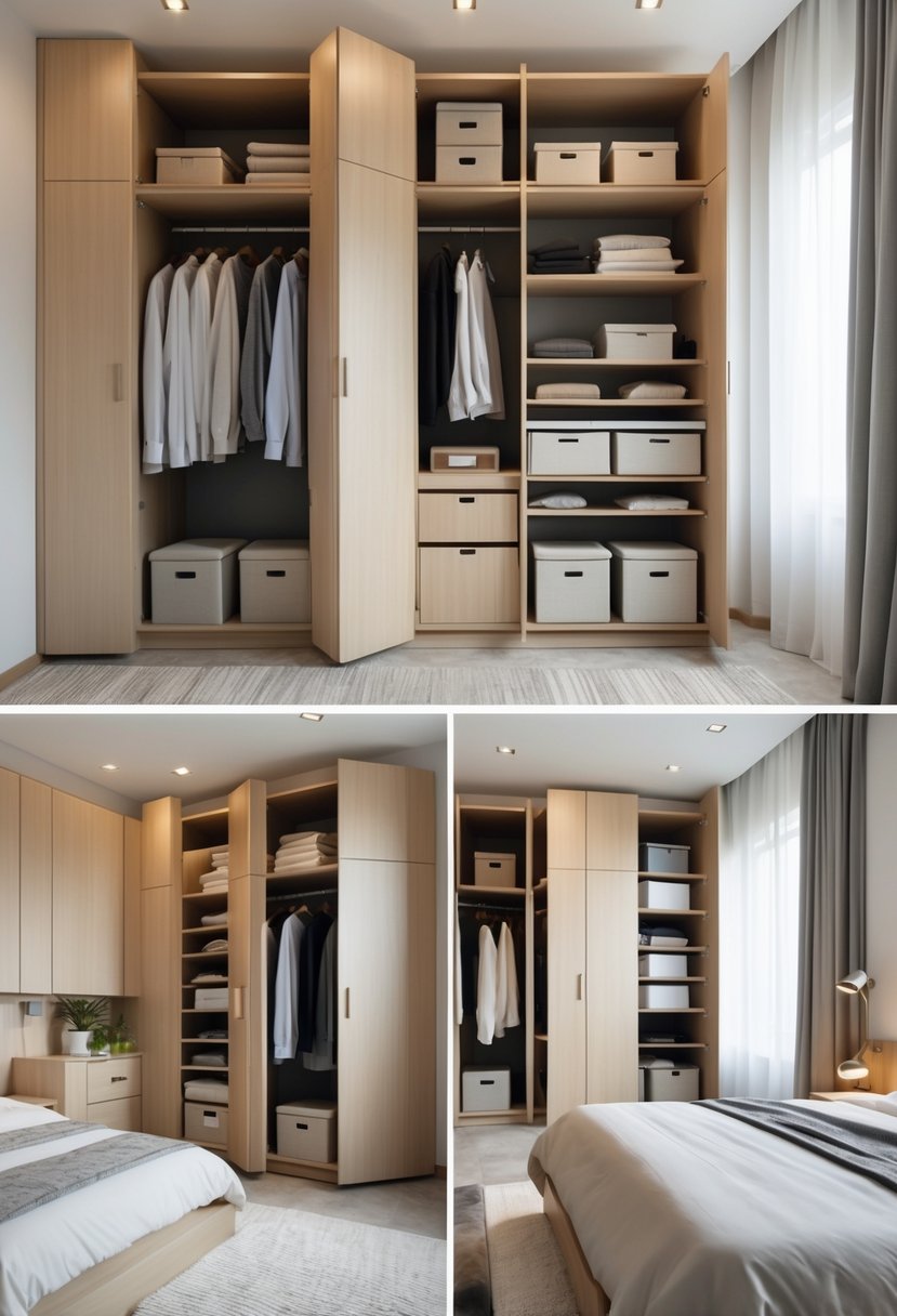 Bedroom with multiple multi-compartment cupboards neatly organized for optimized storage.