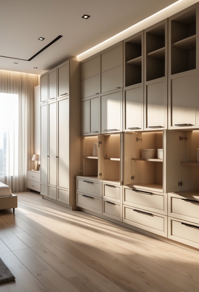 A bedroom interior showing multiple cupboards with drawers and doors along the walls.
