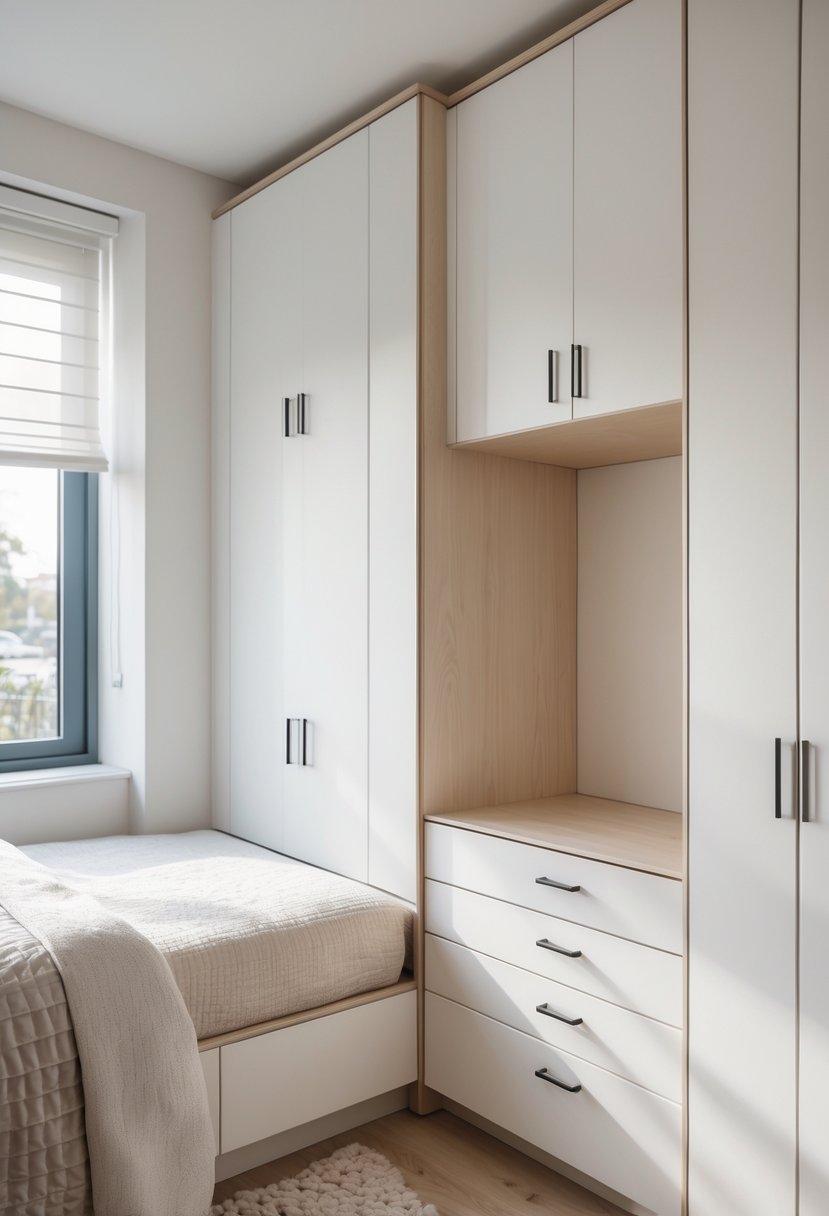 A bedroom corner with custom-built cupboards designed to maximize unused space, next to a bed.