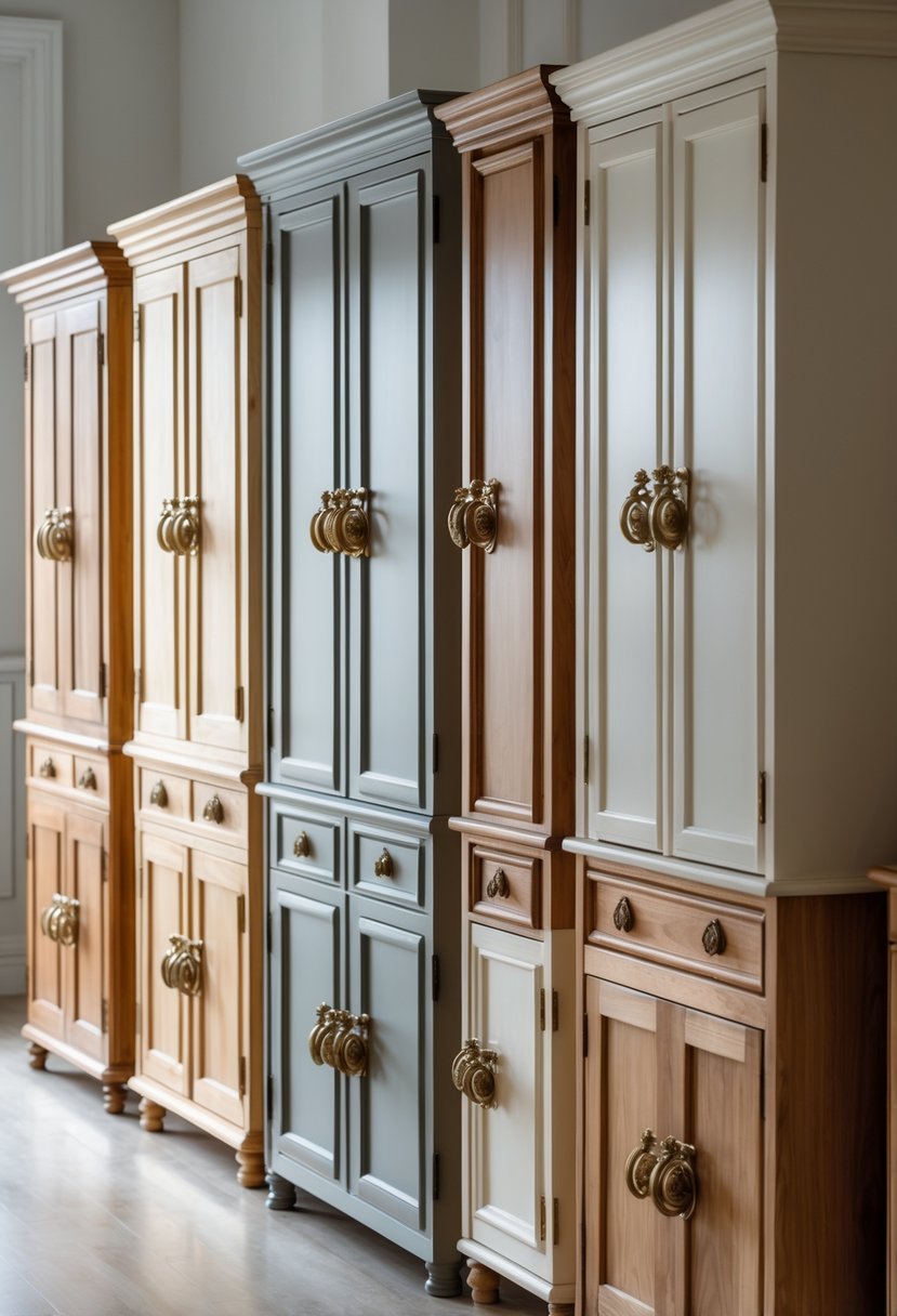 A collection of bedroom cupboards with vintage brass knobs and handles displayed in a well-lit room.