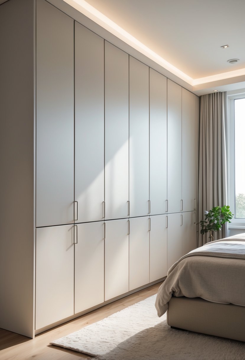 A bedroom with sleek cupboards featuring smooth, handleless doors along one wall, a bed, and soft natural lighting.