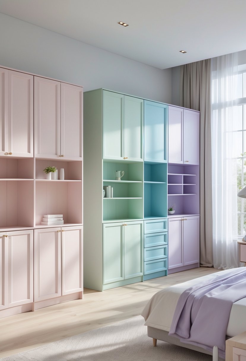 A bedroom interior showing multiple cupboards in soft pastel colors arranged along the walls with natural light coming through windows.