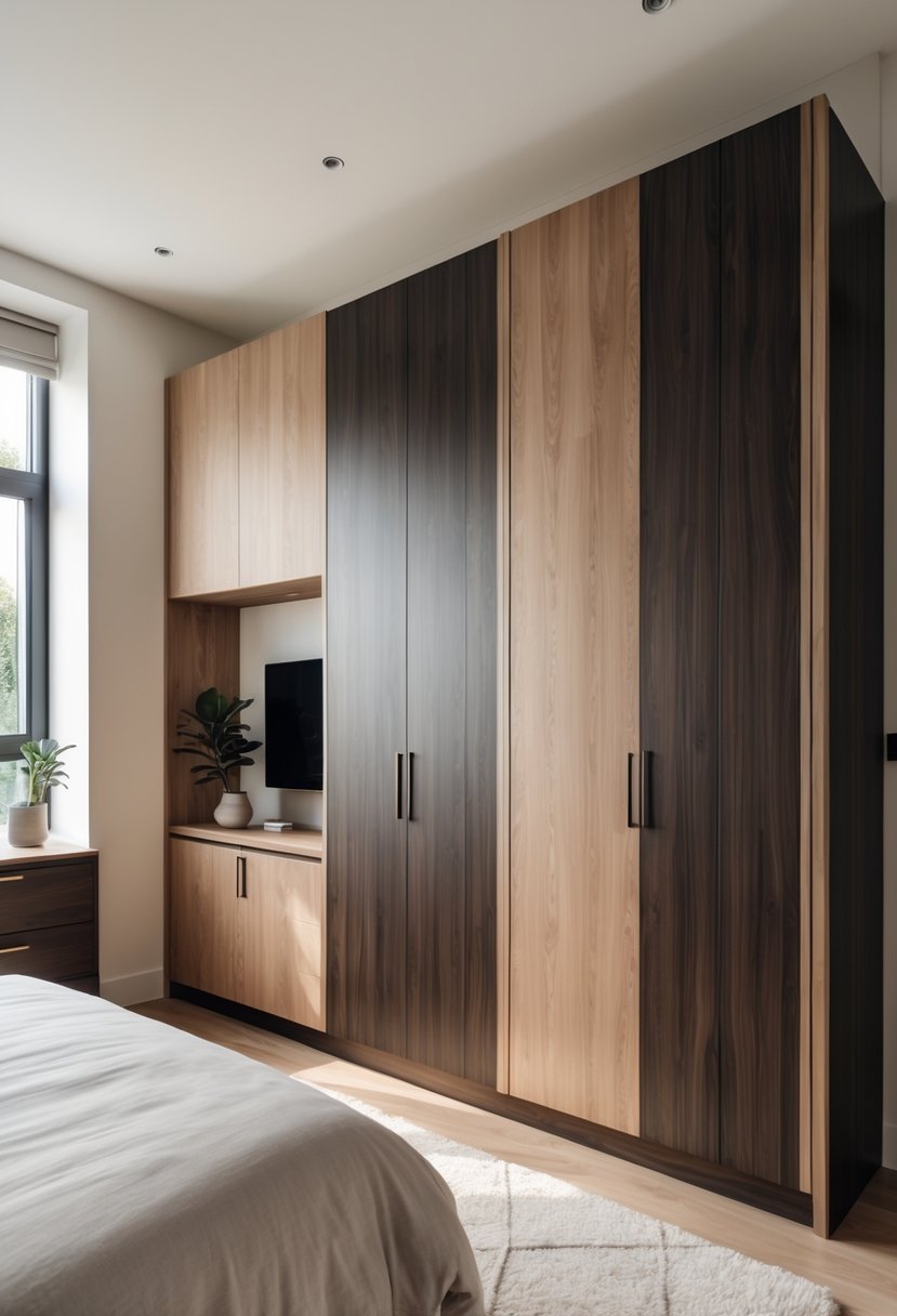 Bedroom with built-in two-tone cupboards made of dark and light wood, a bed, and a bedside table.