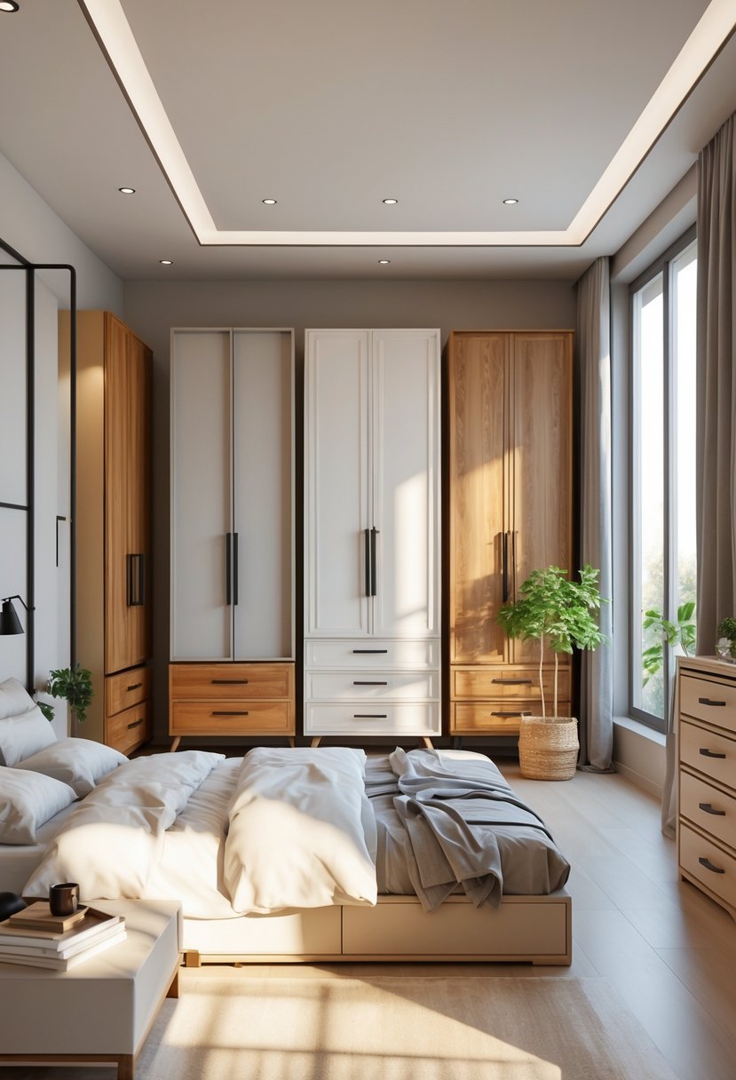 A modern bedroom with various cupboard designs along the walls, featuring wardrobes and storage units in different styles and finishes.