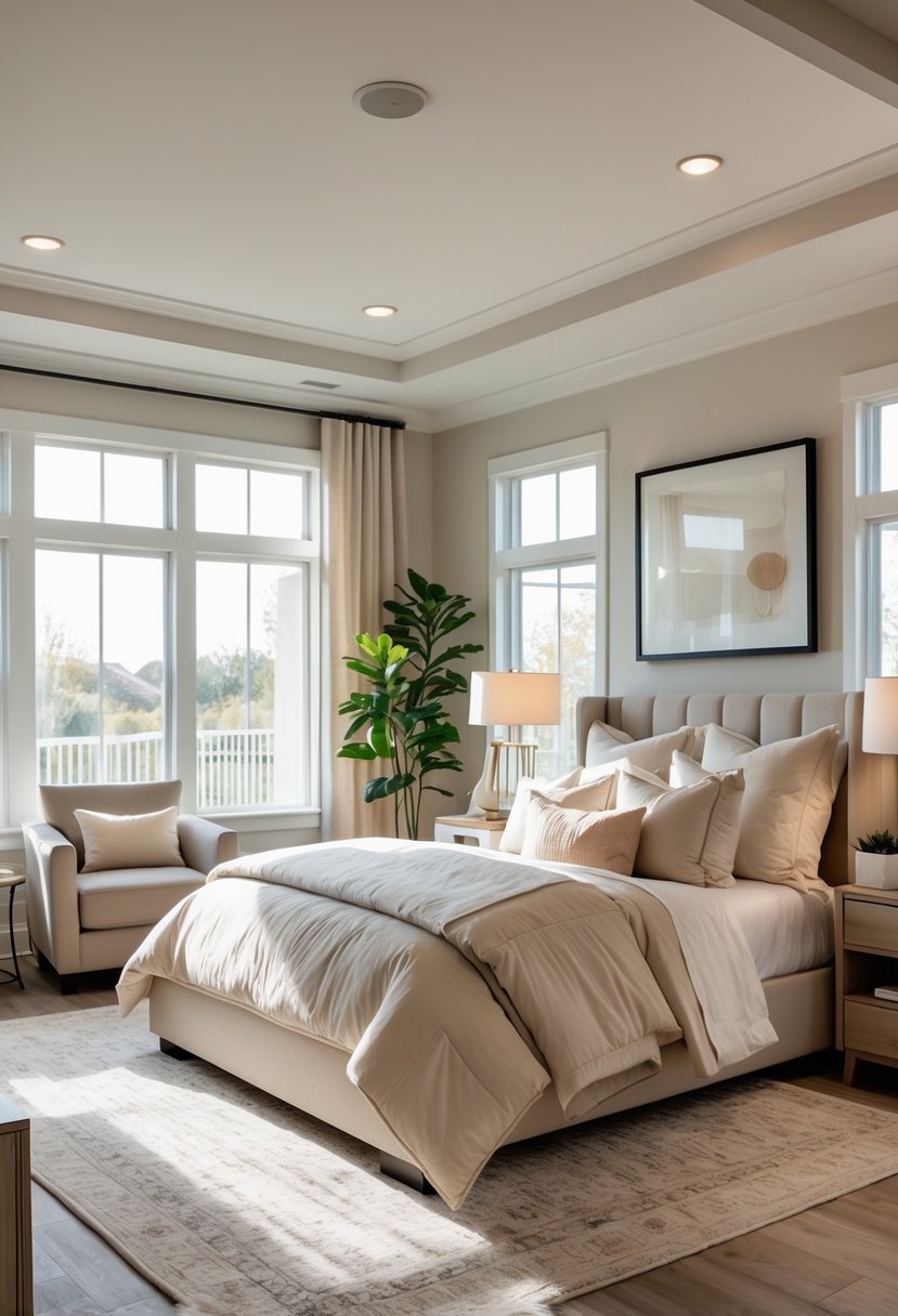 A bright bedroom with a large bed, bedside tables, an armchair, and windows letting in natural light.