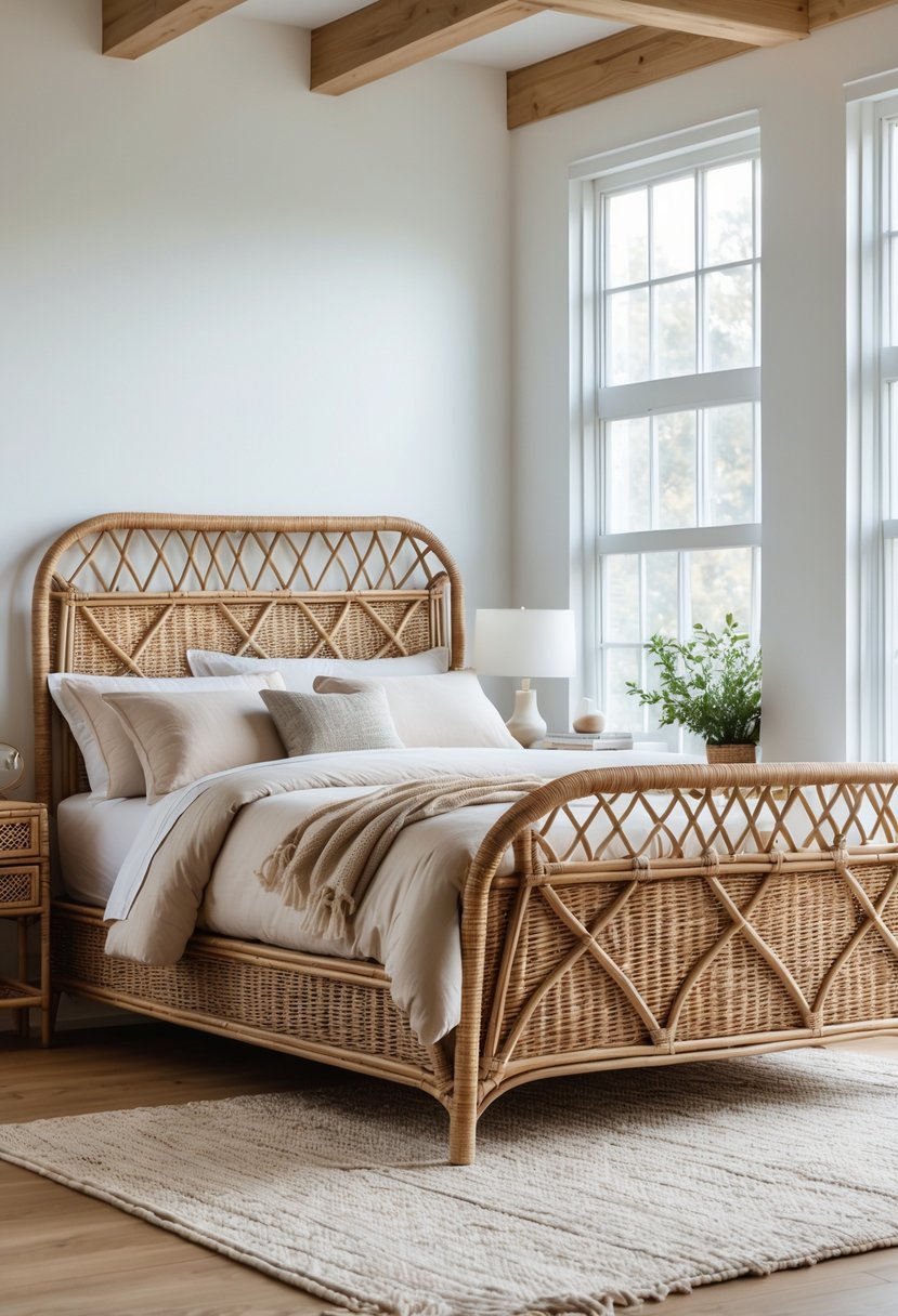 A bedroom with a wicker bed that has curved edges and a criss-cross woven pattern, neatly made with pillows and bedding.