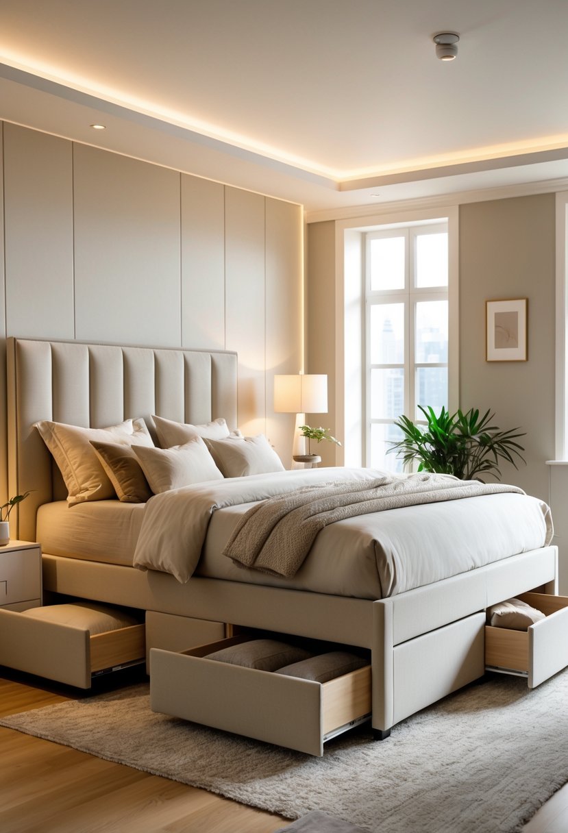 A bedroom with an upholstered bed featuring built-in storage drawers, neatly made with pillows and soft bedding, illuminated by natural light.