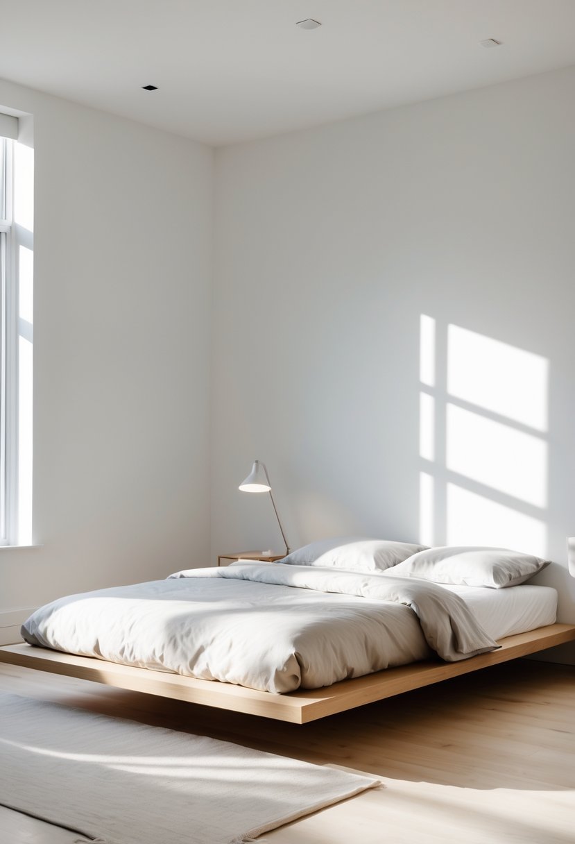 A bright bedroom with a low wooden platform bed that appears to float above the floor, with simple bedding and natural light coming through large windows.