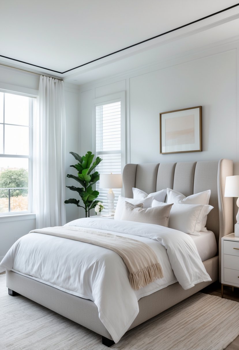 A neatly made bed with a soft headboard in a bright bedroom with bedside tables and lamps.