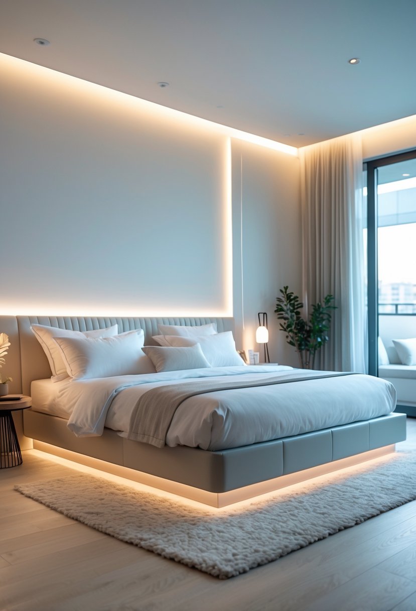 A modern bedroom with a neatly made bed featuring built-in lighting, a bedside table with a lamp, and a potted plant.